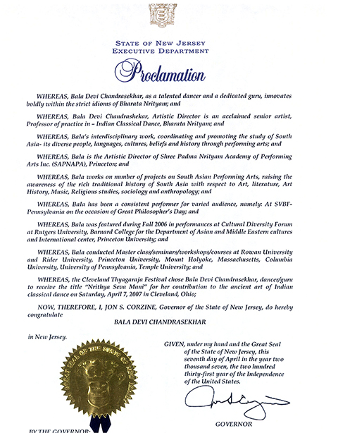 New Jersey State Proclamation - Baladevi - Bharatanatyam Teacher New Jersey