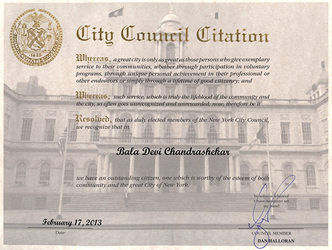 New York City Council Citation - Baladevi - Bharatanatyam Teacher New Jersey